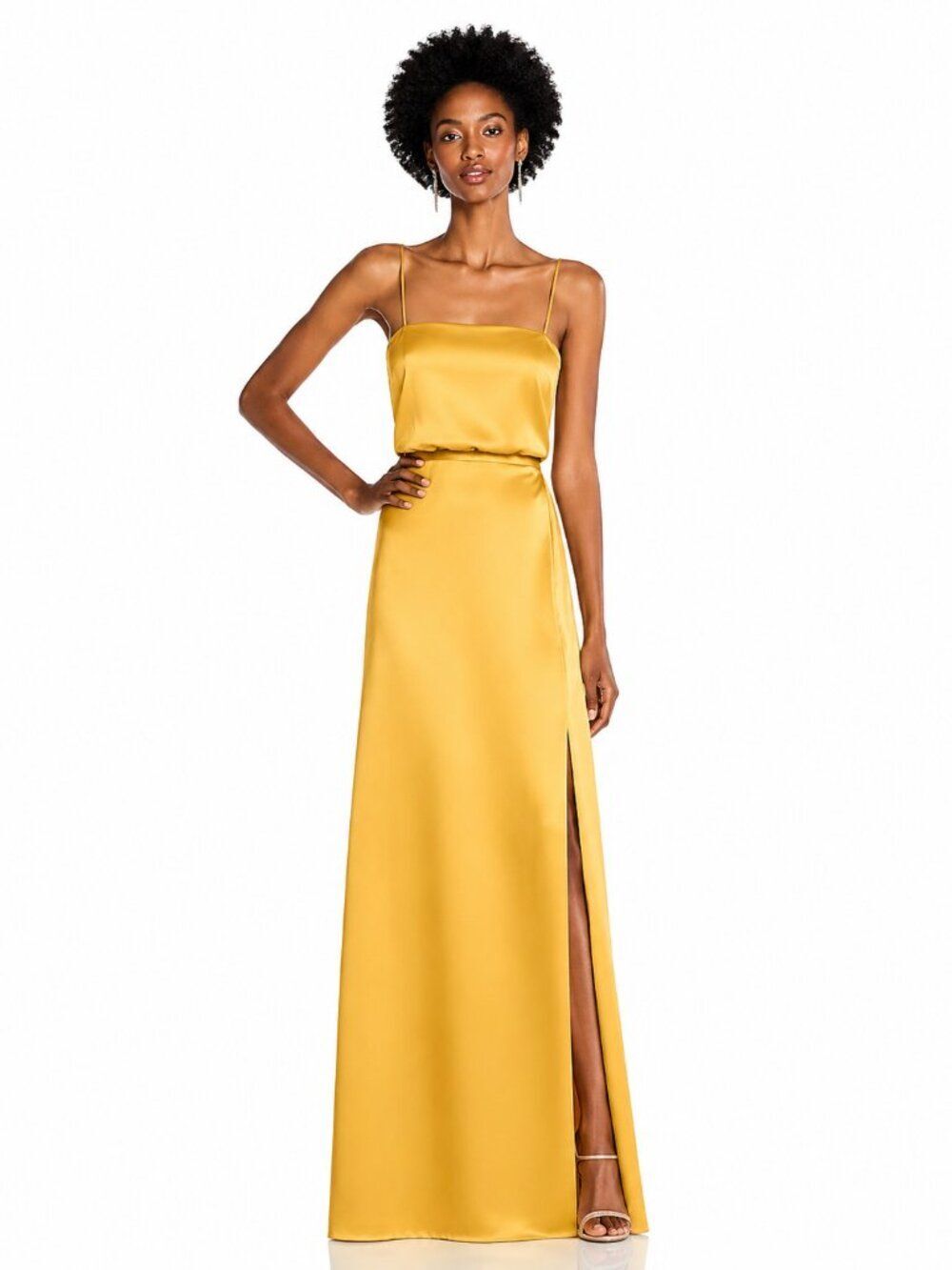 Dessy Yellow/Gold Long Satin Bridesmaid Formal Dress Bow Detail Slit